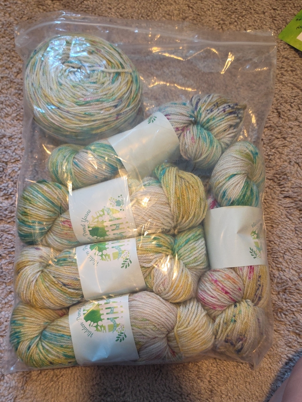 Hidden Pond Yarns Hand-Dyed Multi-Color Yarn Bundle in Soft Green, Pink & Cream